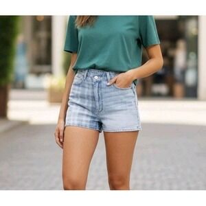 American Eagle Highest Rise Mom Denim Shorts Crossover Waist Blue Plaid Size 6